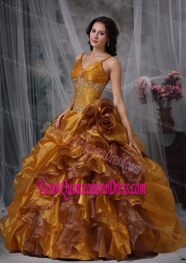 Wholesale Gold Organza Beaded Sweet 16 Dresses with Ruffles and Straps